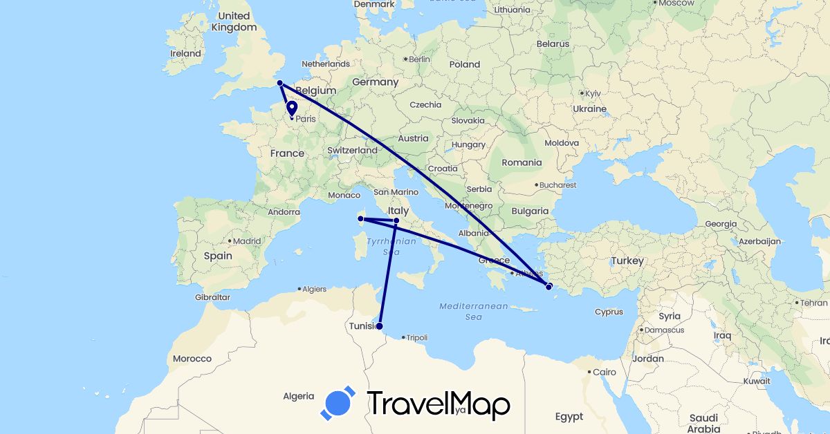 TravelMap itinerary: driving in France, United Kingdom, Greece, Italy, Tunisia, Turkey (Africa, Asia, Europe)